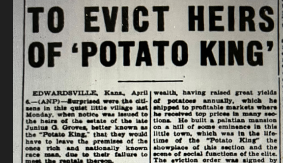 After the deaths of Junius Groves in 1925 and his wife Matilda in 1930, the Groves family struggled financially, leading to receiving an eviction notice in 1933. (newspapers.com)