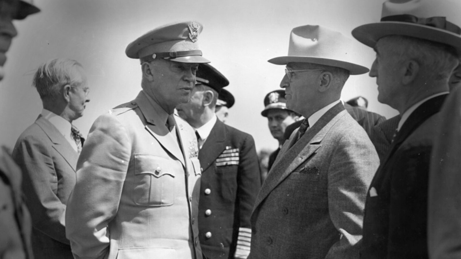 General Dwight Eisenhower with President Harry Truman at an airfield in Brussels, Belgium, en route to Potsdam on July 15, 1945. (Harry S. Truman Library & Museum)