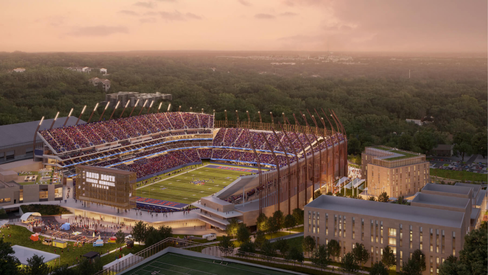 University of Kansas football fans will get their first look at the school's renovated stadium when the team takes on Fresno State on Saturday. Phase 1 overhauled the southwest, west and north sides of David Booth Kansas Memorial Stadium. KU will complete a second phase at a later date. (KU rendering)