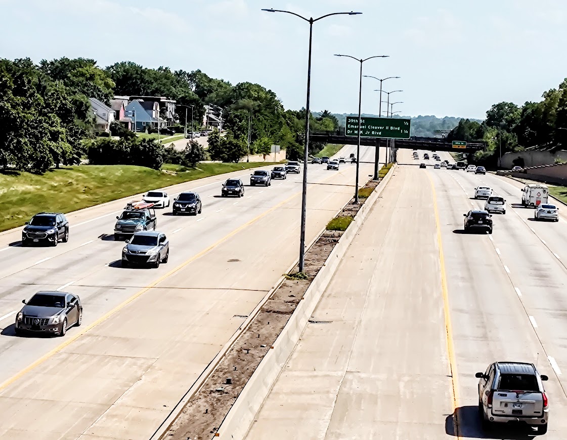 When the Bruce R. Watkins Drive (the view here looks south from Linwood Avenue) was constructed, it cut in two the historic, predominantly Black Ivanhoe neighborhood, which runs from 31st to 47th streets and from Prospect Avenue to Paseo Boulevard. The freeway’s history is an example of how government decisions led to injustice for Black residents. (Bill Tammeus | Flatland