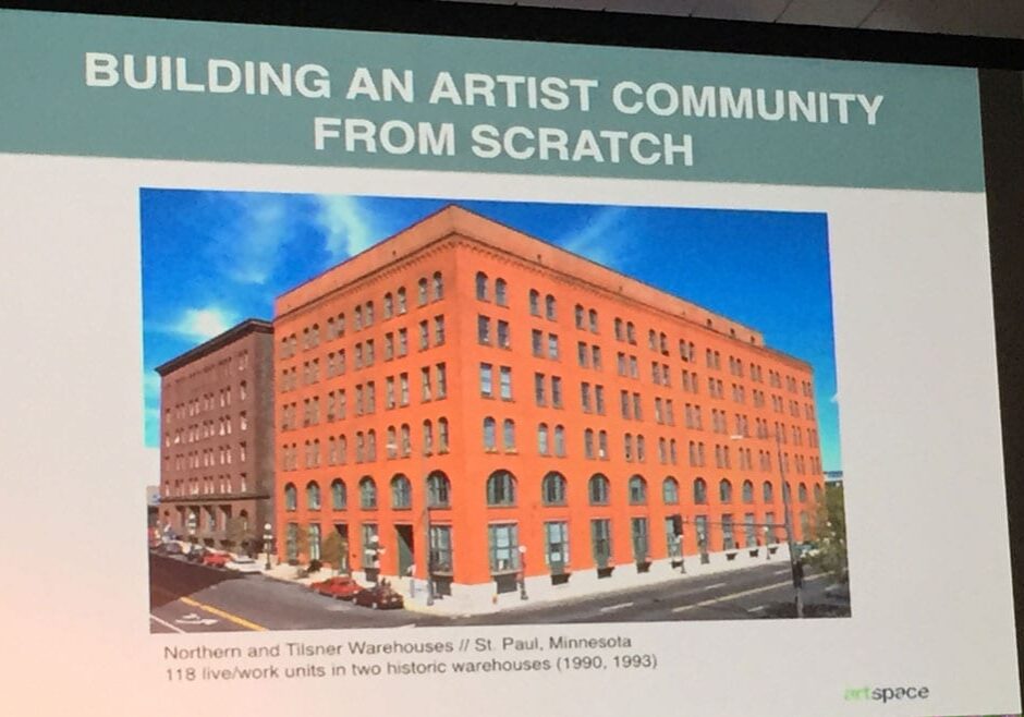 This slide shows a photo of the very first Artspace-developed live/work spaces for artists in St. Paul, Minnesota. Photo: Caitlin Cress, Flatland