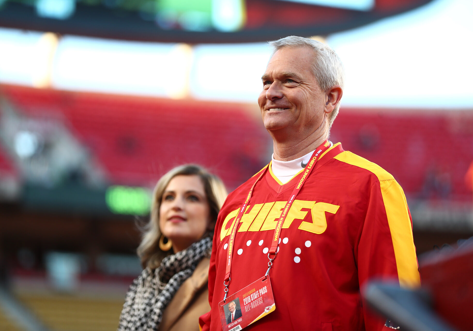Mitch Holtus stands on the field at Arrowhead ahead of Sunday Night Football in 2018.
