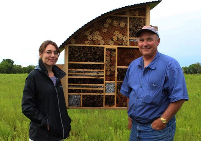 Researchers Daphne Myers, left, and Scott Campbell stand in front of the bee hotel in Lawrence, Kansas. Photo by Abigail Wilson at KMUW