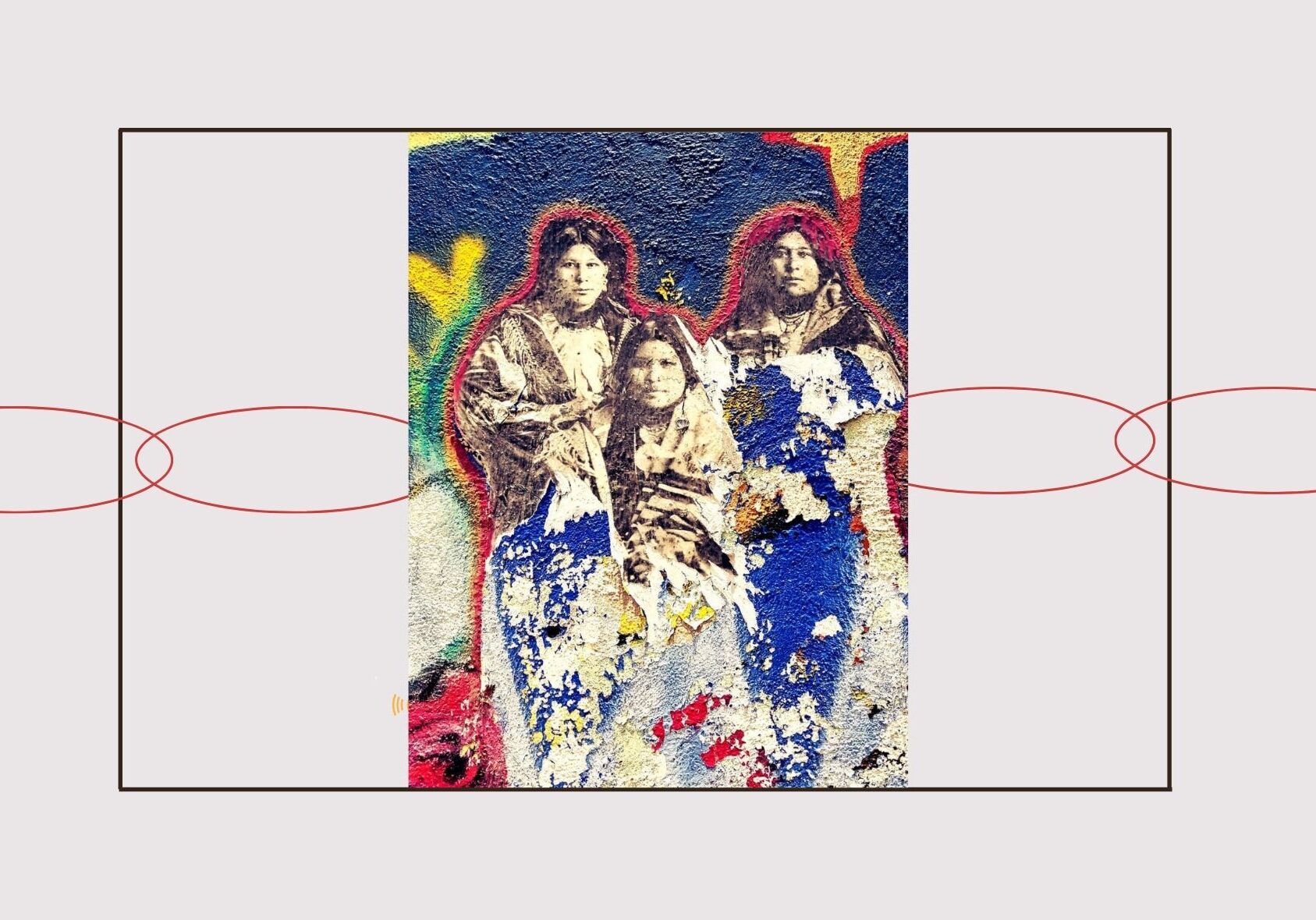 A multi-colored mural of Osage Nation members against a light pink backdrop. This story outlines the erasure of one of the many Native American nations who resided on what we now know at Kansas City.