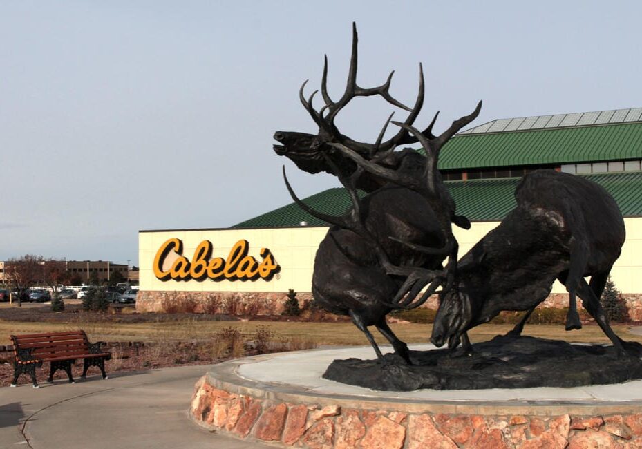 Steel animals outside a Cabela's store.
