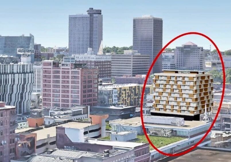 An aerial view of the proposed 12-story 1818 Main project looking south.