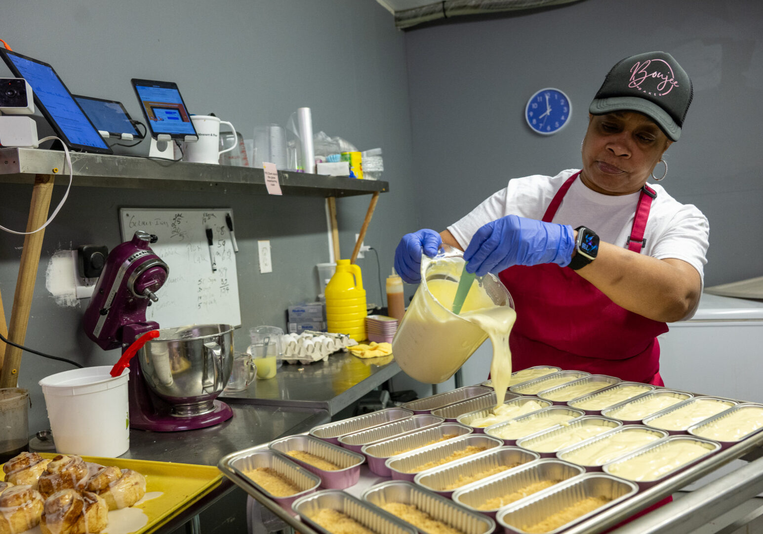 Boujee Baker owner Joyce Watts prepares cheesecakes early in the morning at her establishment on 2311 E. 12th St in Kansas City, Missouri. Flavors include salted caramel, Oreo, lemon, and sweet potato. (Todd Feeback | Flatland)