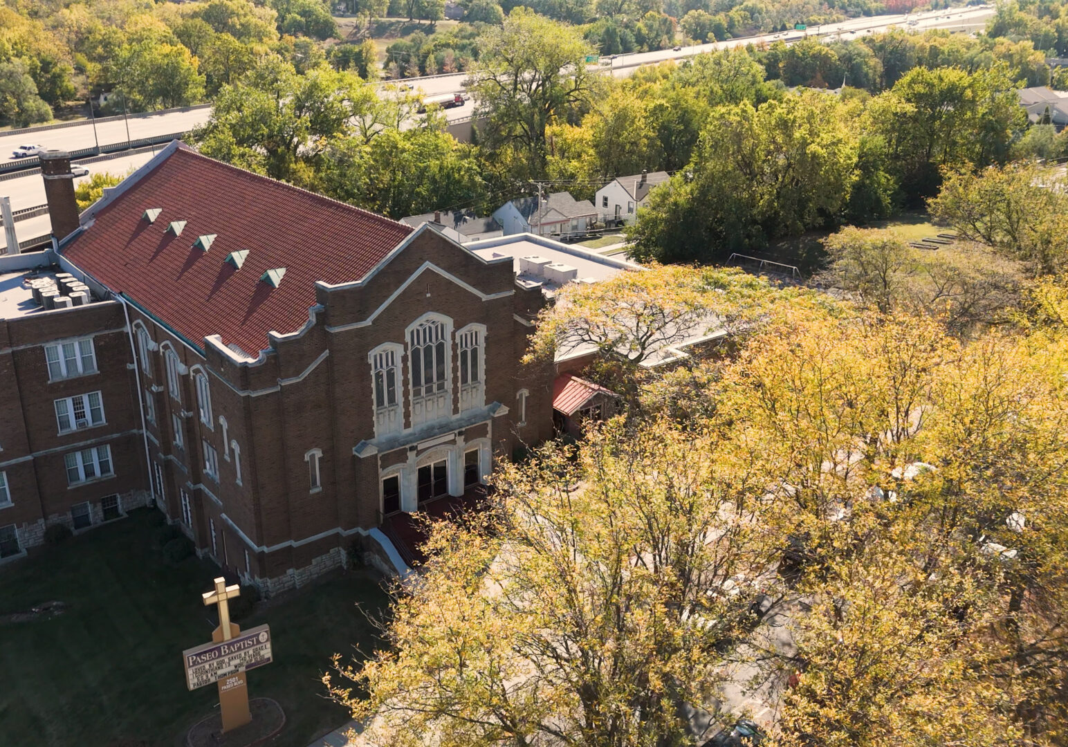 Bruce R. Watkins Drive runs behind Paseo Baptist Church, 2501 Paseo Blvd. The church's founding pastor, Rev. D. A. Holmes, was a leading opponent of the Watkins Drive project, which severed Black neighborhoods.