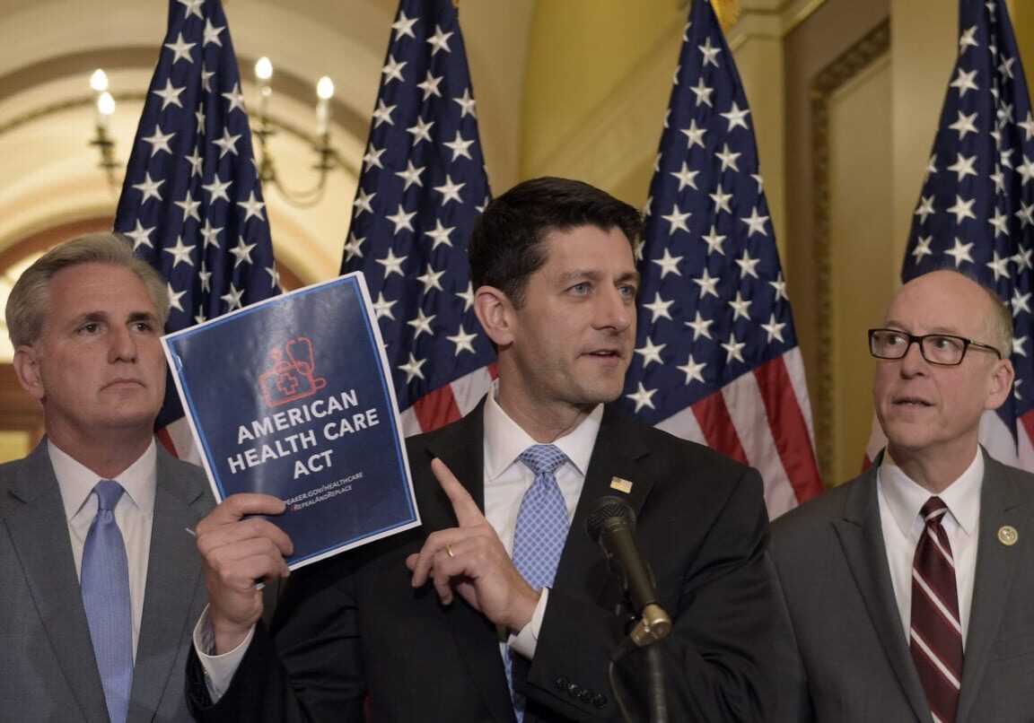 House Speaker Paul Ryan of Wis., center, standing with Energy and Commerce Committee Chairman Greg Walden, R-Ore., right, and House Majority Whip Kevin McCarthy, R-Calif., left, speaks during a news conference on the American Health Care Act on Capitol Hill in Washington, Tuesday, March 7, 2017. (AP Photo/Susan Walsh)