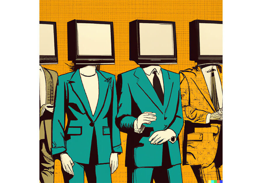 a drawing of people in suits with computers instead of heads.