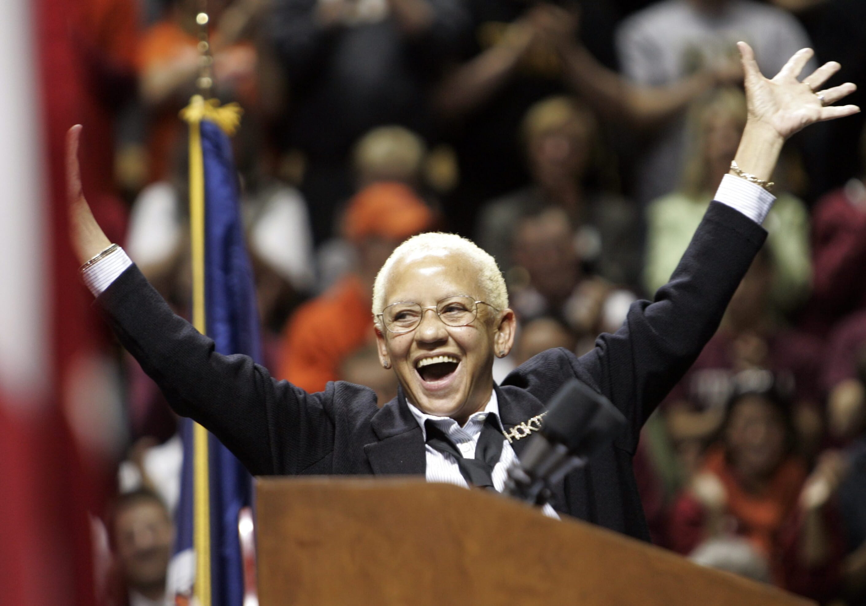 Virginia Tech English Professor, Nikki Giovanni, leads the crowd in a cheer after closing remarks at a convocation to honor the victims of a shooting rampage at Virginia Tech in Blacksburg, Va., Tuesday, April 17, 2007. (AP Photo/Steve Helber)