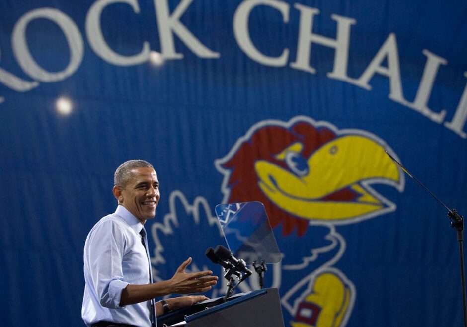 President Barack Obama speaks at the University of Kansas in Lawrence, Kansas, Thursday, Jan. 22, 2015, about the themes in his State of the Union address. (AP Photo/Carolyn Kaster)