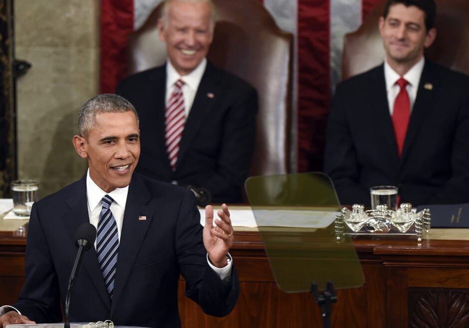 Vice President Joe Biden and House Speaker Paul Ryan of Wis., listen as President Barack Obama gives his State of the Union address to a joint session of Congress on Capitol Hill in Washington on Tuesday. (Photo: Susan Walsh | AP)