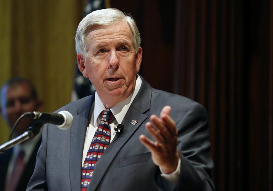 FILE - In this June 1, 2018, file photo, Missouri Gov. Mike Parson speaks after being sworn in as the state's 57th governor following the resignation of Eric Greitens in Jefferson City, Mo. Missouri lawmakers will return to the state Capitol on Monday, Sept. 10, 2018, for a special session on bills vetoed by Parson, including ones on drug treatment courts and education in science, technology, engineering and math. (AP Photo/Jeff Roberson, File)