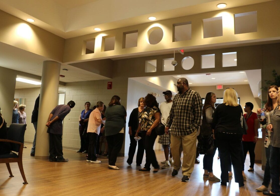 visitors in lobby of crisis center