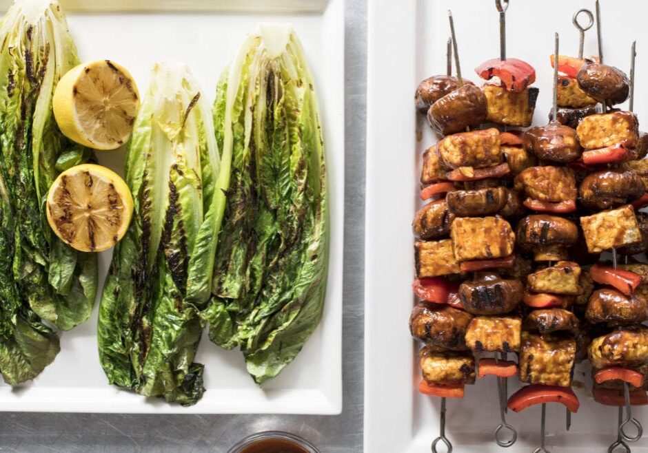 Barbecued tempeh skewers with grilled romaine lettuce