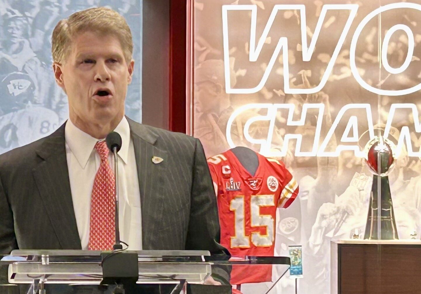 Kansas City Chiefs owner Clark Hunt speaks at a press conference about Arrowhead Stadium renovations.
