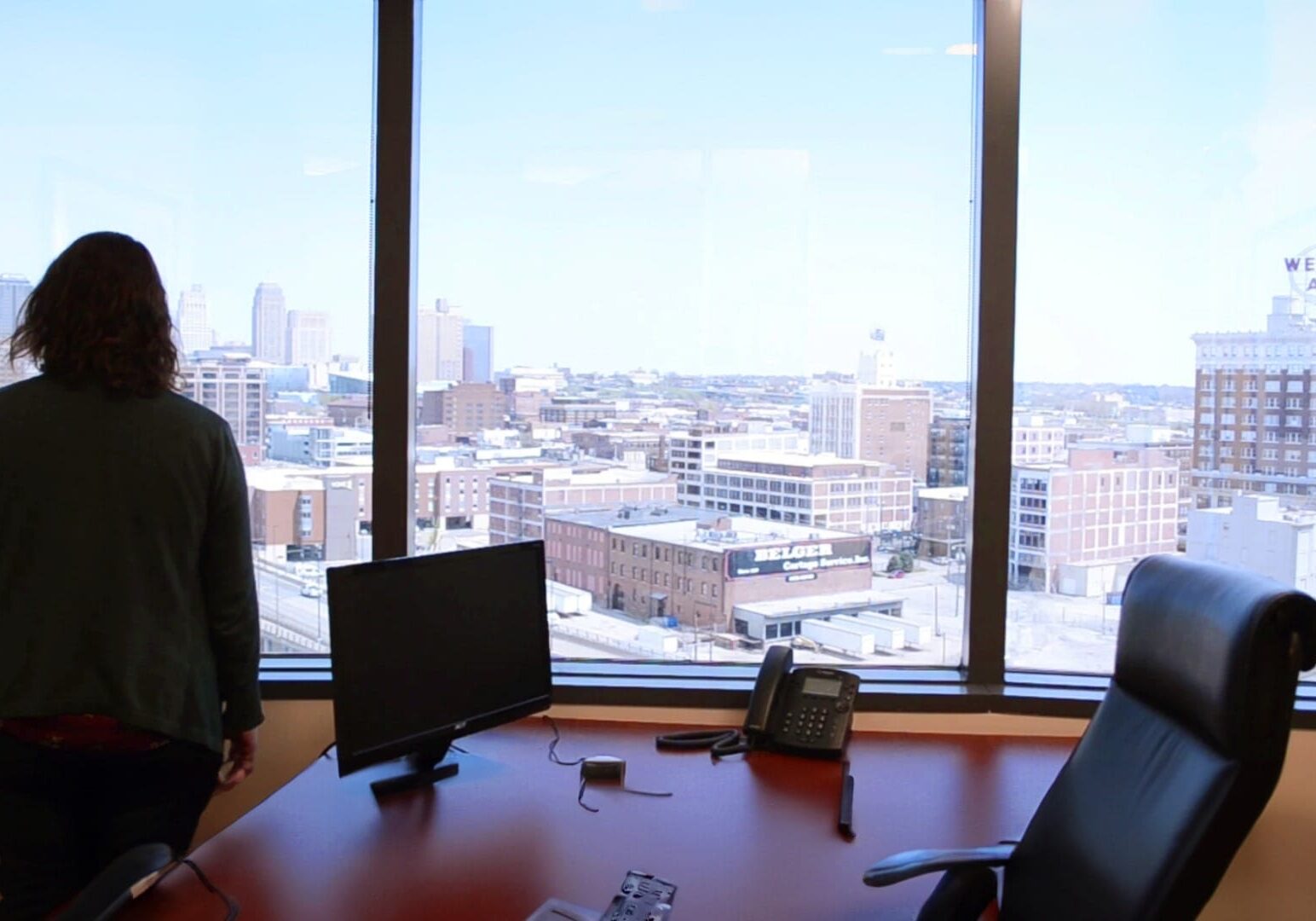 A view of the Crossroads and the downtown skyline from a nearby office.