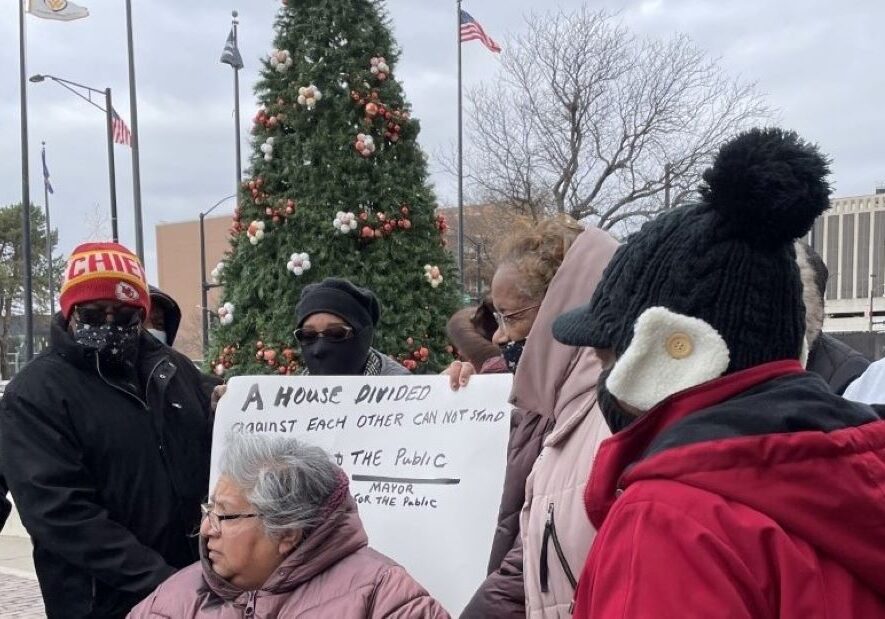 Protesters gathered outside of the offices of the United Government of Wyandotte County.