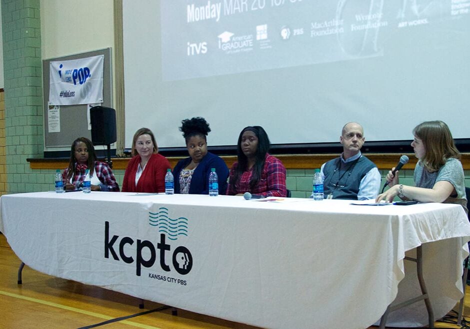 After the screening of "The Bad Kids," students and staff at DeLaSalle Education Center discussed the film's connections to their school. From left: Kristi Washington, Christina Kohn, Darrieux, Nakira, Mark Williamson and Lindsey Foat. (Elizabeth Hansen | KCPT)