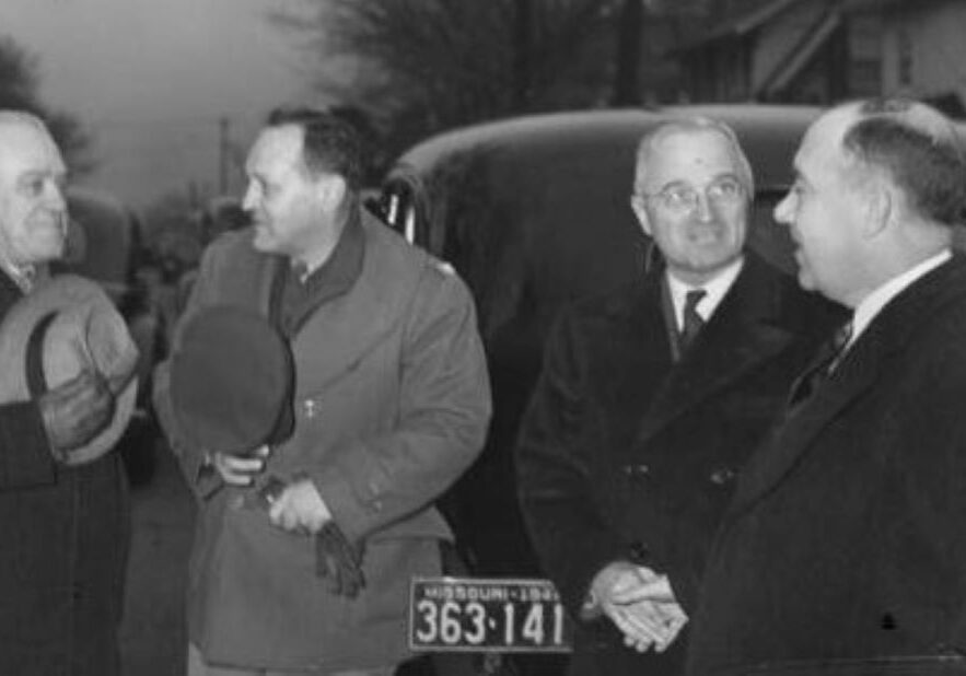 In 1945 Harry Truman, then vice president, attended the Kansas City funeral of machine boss Tom Pendergast, and visited with Pendergast’s nephew James (far right).