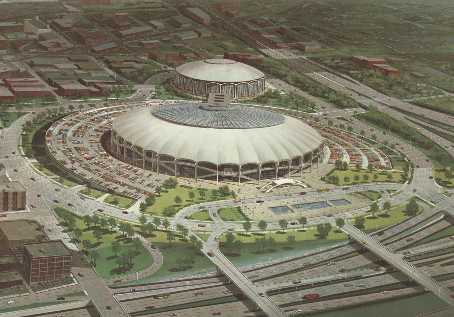 A 1960s rendering of a proposed domed downtown stadium in the Crossroads District of Kansas City.