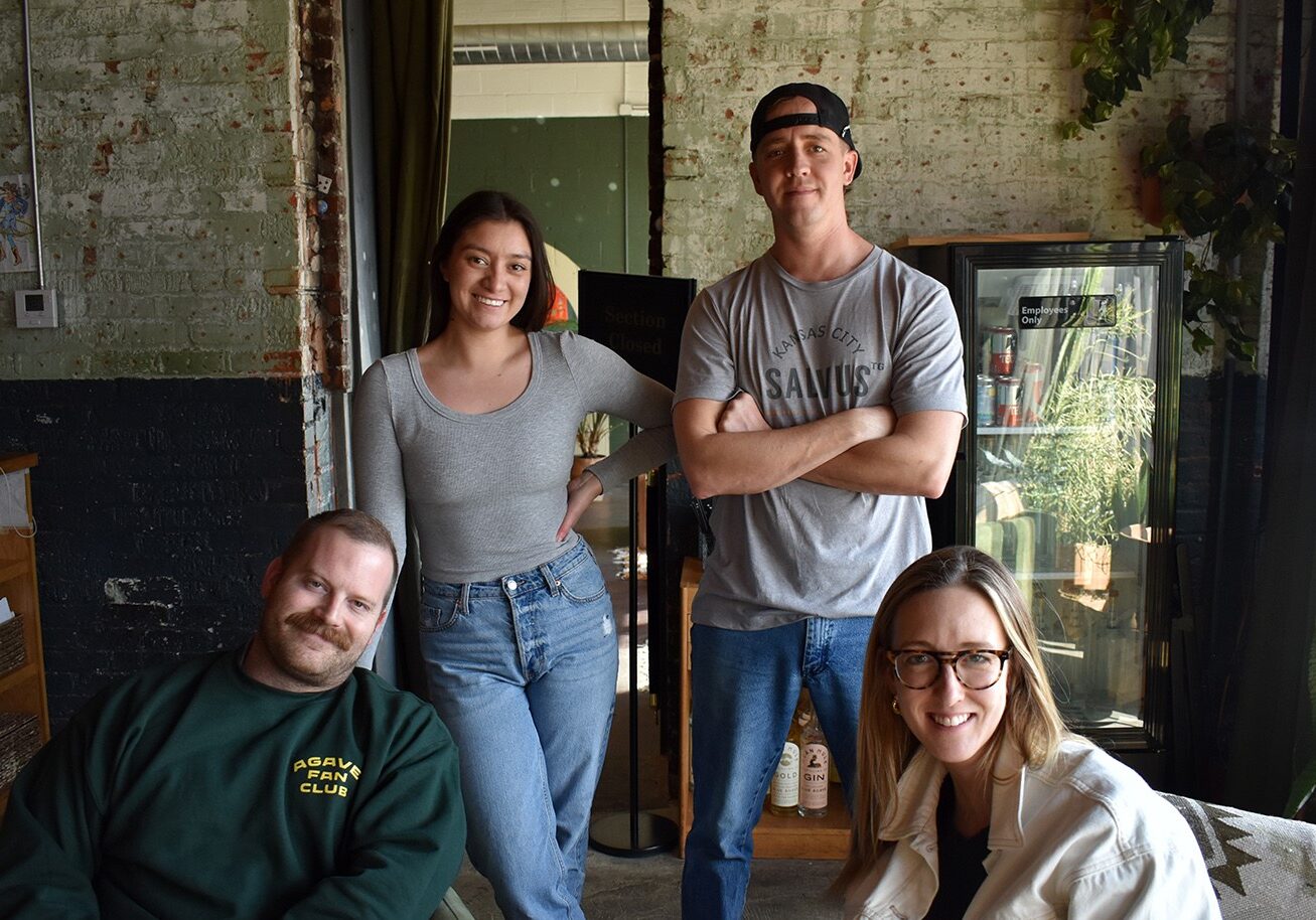 Jeff Evans, Alisha Trujillo, Tyler Gloe, and Meg Evans of Mean Mule Distilling Co. in the Crossroads.
