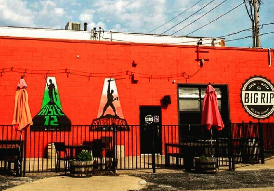 Exterior of the red concrete building that is the home of Big Rip Brewing Co. in North Kansas City.