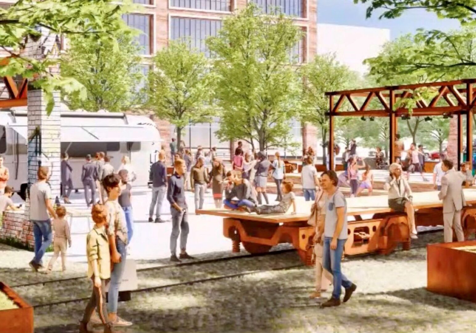 A conceptual rendering of a street scene in a part of the SomeraRoad plan for a six-block section of the West Bottoms.