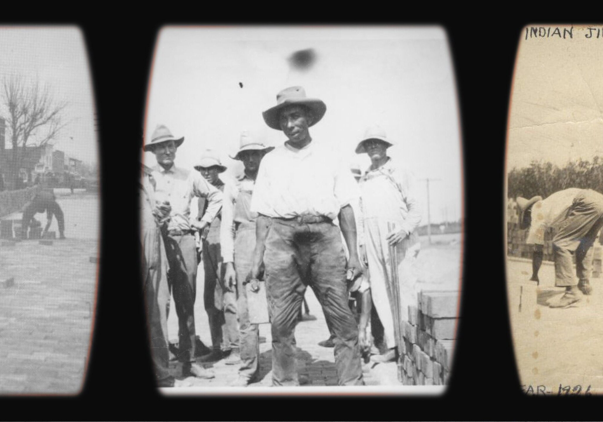 This curiousKC digs into the history of Kansas City's brick streets. Pictured in the middle and right photos is James Garfield Cleveland Brown, a renowned bricklayer in the 1920s. (Images: Johnson County Museum, Missouri Valley Special Collections | Collage: Vicky Diaz-Camacho)