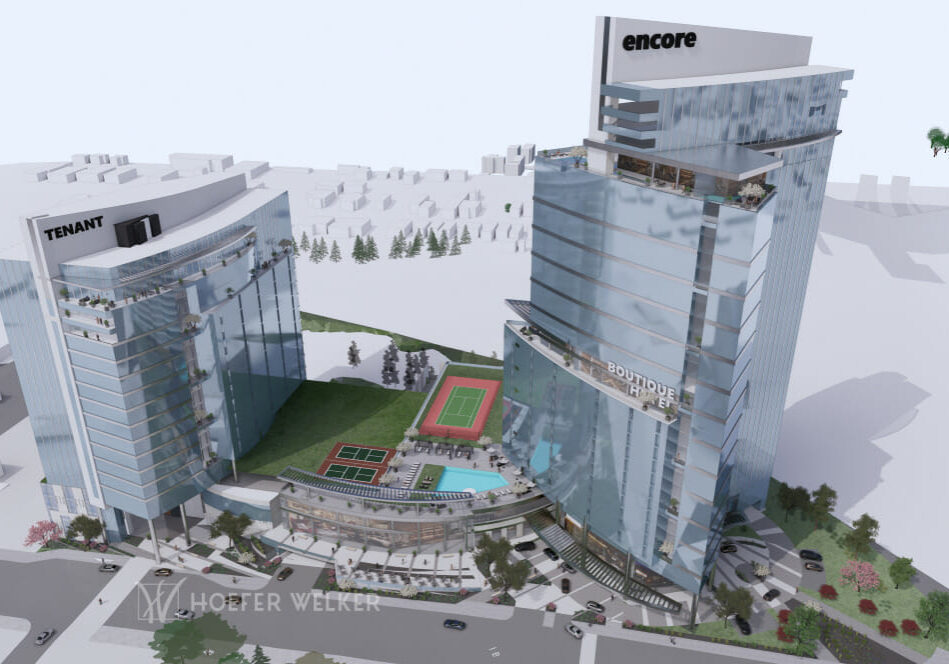 A major development being pursued on Broadway across from the Kauffman Center could include a 40-story apartment/hotel tower (right) in its first phase and a second tower later.