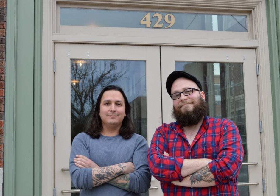 Aaron Salinas sous chef left, James Paul exec chef, right in front of Brown & Loe (Photo: Jonathan Bender | Flatland)