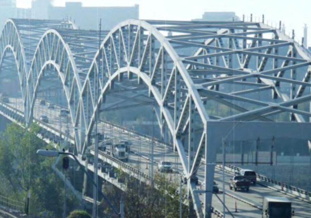 Aerial view looking south at the Buck O'Neil Bridge.