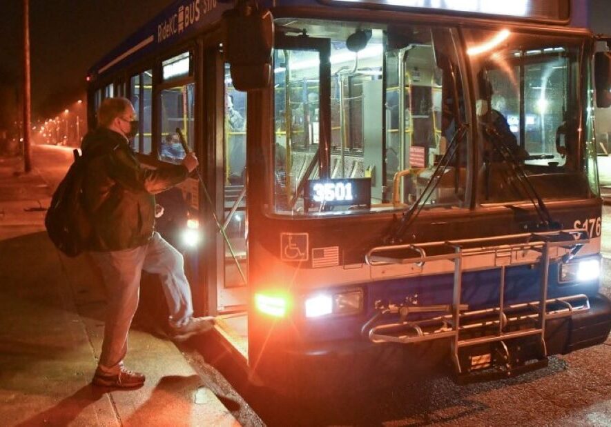 Richard Heimer takes his seat on the RideKC bus that takes him to work every morning.
