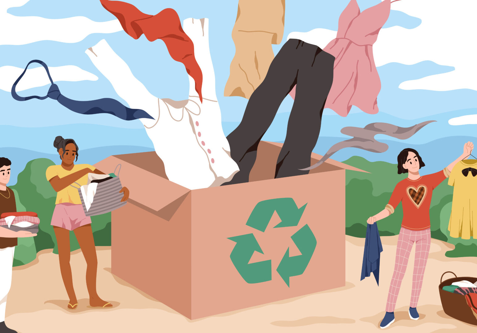 A colorful illustration to visualize 'Buy Nothing' groups that includes several people holding items of clothing in their hands. In the middle of the image is a large box with a recycling symbol on it and items flowing out of the top.