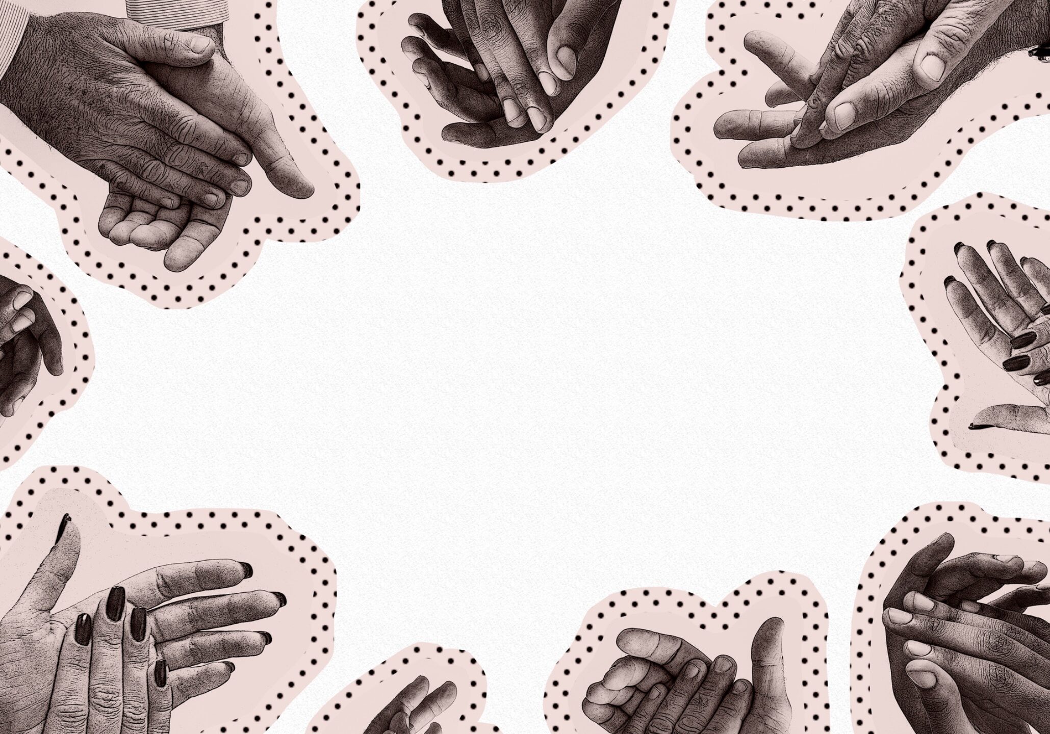 Cut-outs of various people's hands frame a canvas. This image accompanies an FAQ that anwers questions about COVID-19.