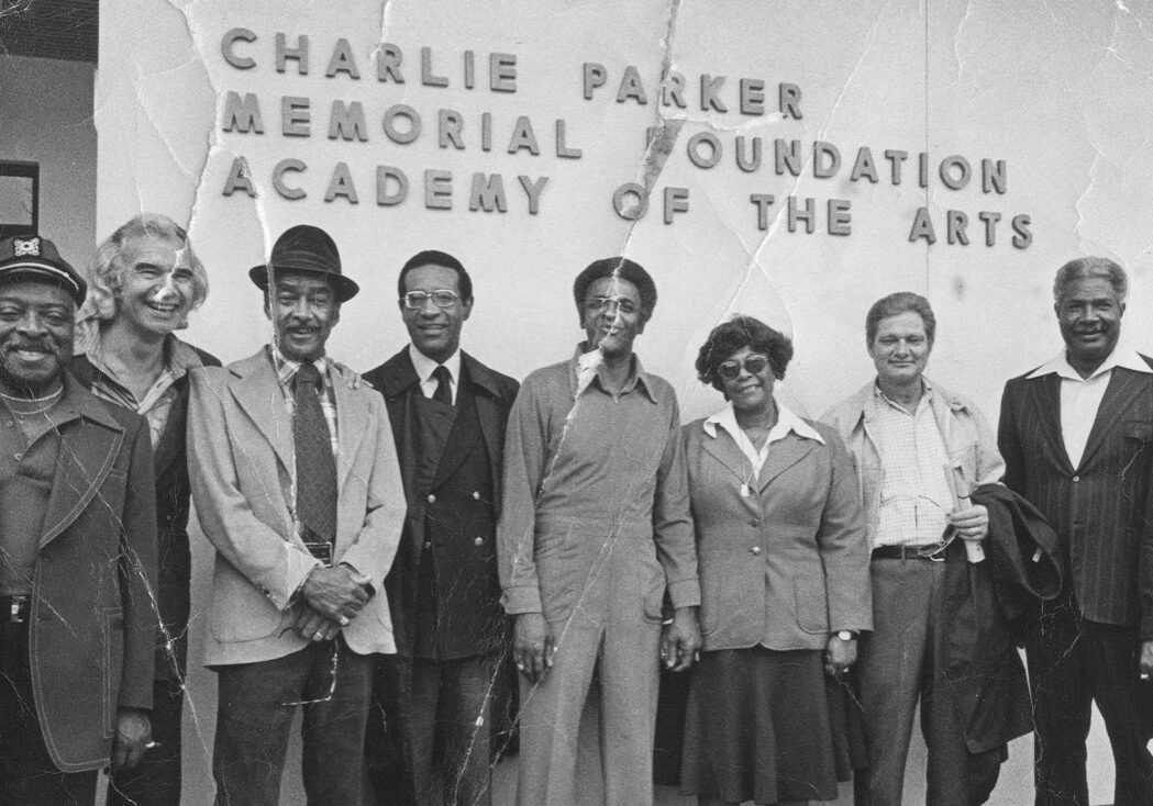 A group stands outside of the music academy building sometime in the 1950s. (Photo credit: Charlie Parker Memorial Foundation)