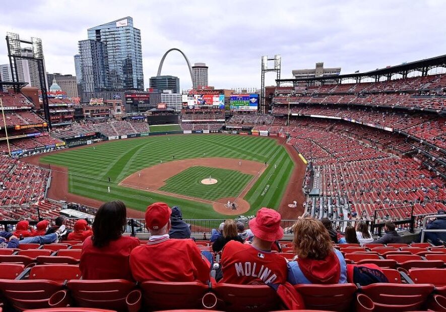A general view of Busch Stadium as fans watch during the third inning of the Cardinals home opener against the Milwaukee Brewers on April 8, 2021 in St Louis.