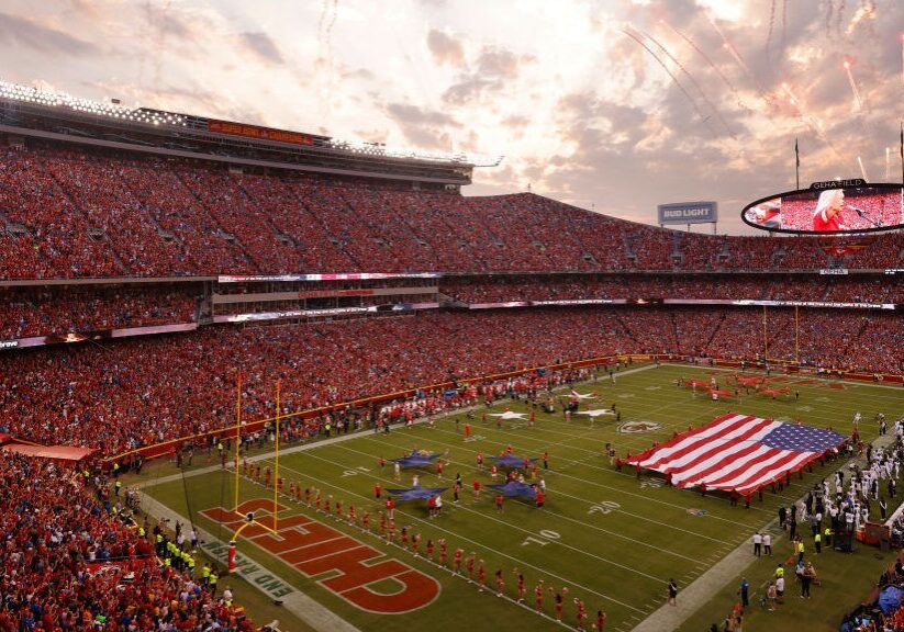 Fireworks go off before a game at GEHA Field at Arrowhead Stadium in Kansas City.