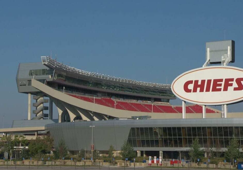Exterior shot of Arrowhead Stadium with giant Chiefs sign