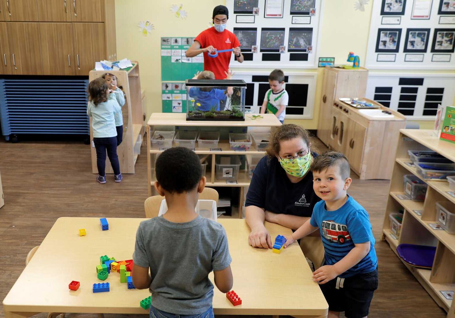 Child care workers wearing masks