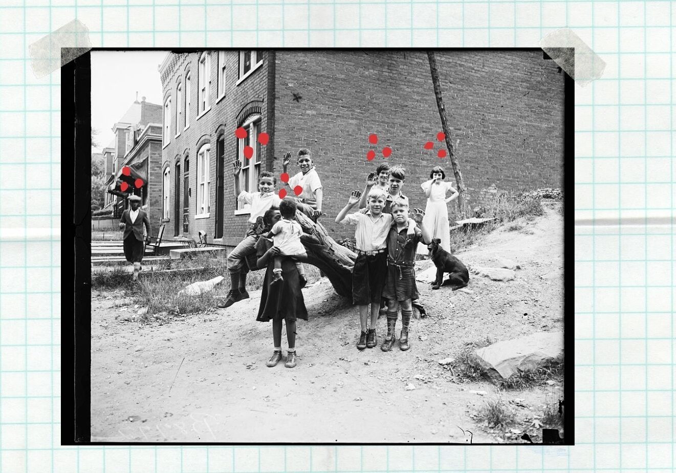 To curb fear in the unknown, Enam Haddad tells her children that the virus is like little red dots that need to be avoided. (Collage by Vicky Diaz-Camacho | Image: Library of Congress)