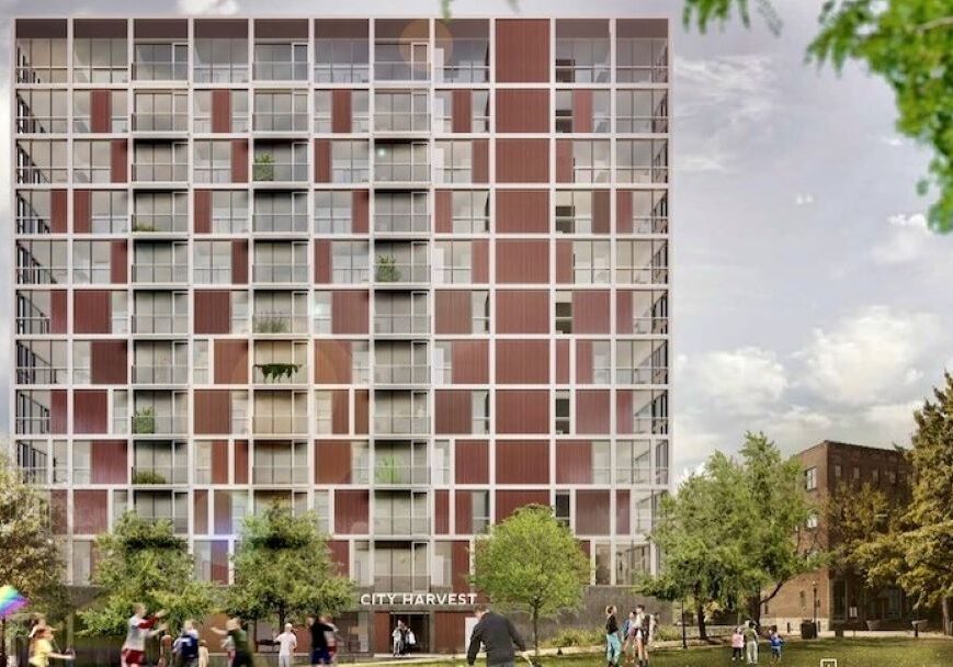 A view of the City Harvest project looking south from the small park in the City Market.