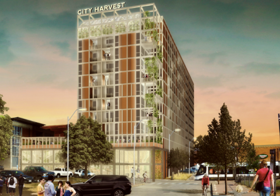 Flaherty & Collins is proposing a 13-story apartment tower for a parking lot immediately west of the City Market.