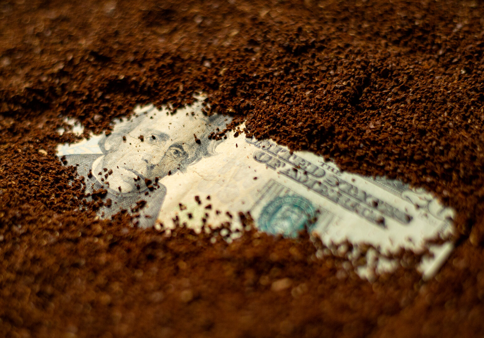Money buried beneath coffee grounds