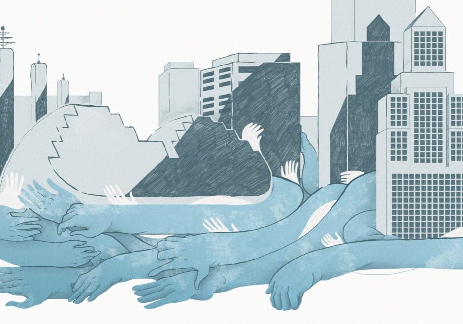 Illustration of water surrounding Kansas City downtown