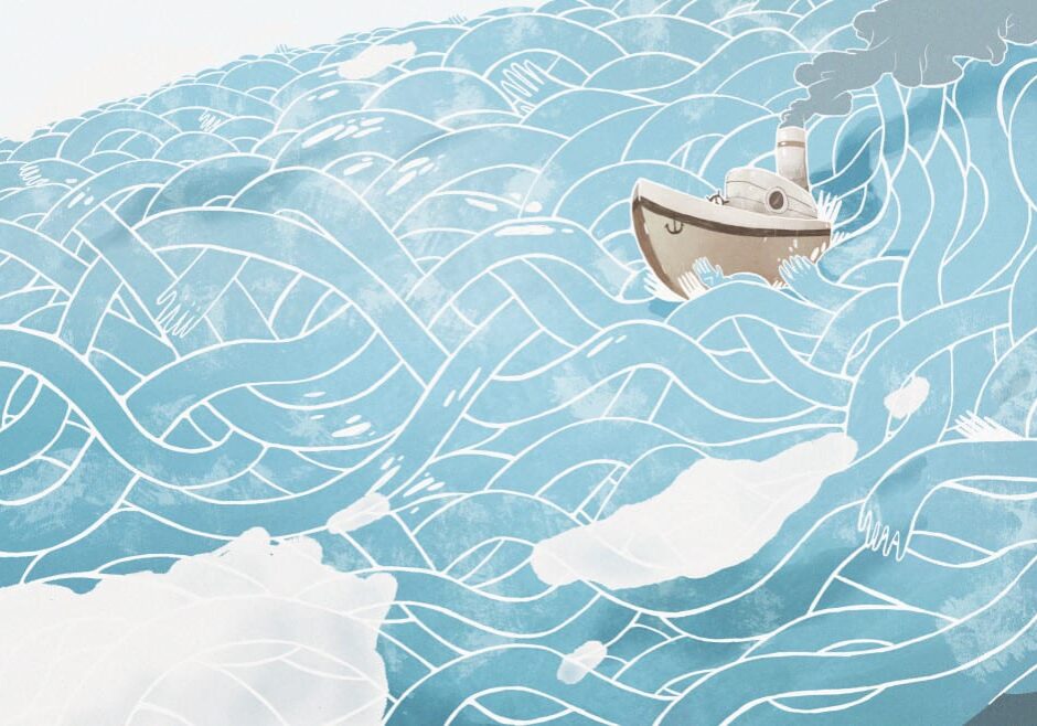 Illustration of a lonely boat on the Missouri river