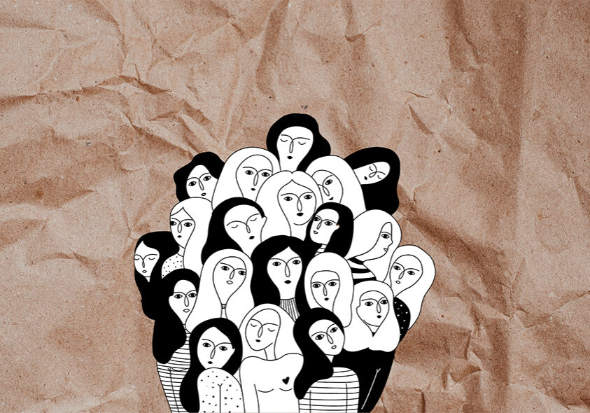 An illustration of a group of people against a brown paper backdrop. This accompanies a story on understanding and demystifying critical race theory and how learning is a unifier for the community.