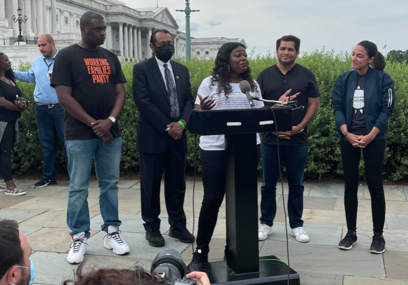 U.S. Rep. Cori Bush, D-Mo., speaks outside the U.S. Capitol, surrounded by (from left) Rep. Mondaire Jones, Rep. Al Green, Reps. Jimmy Gomez and Rep. Alexandria Ocasio-Cortez