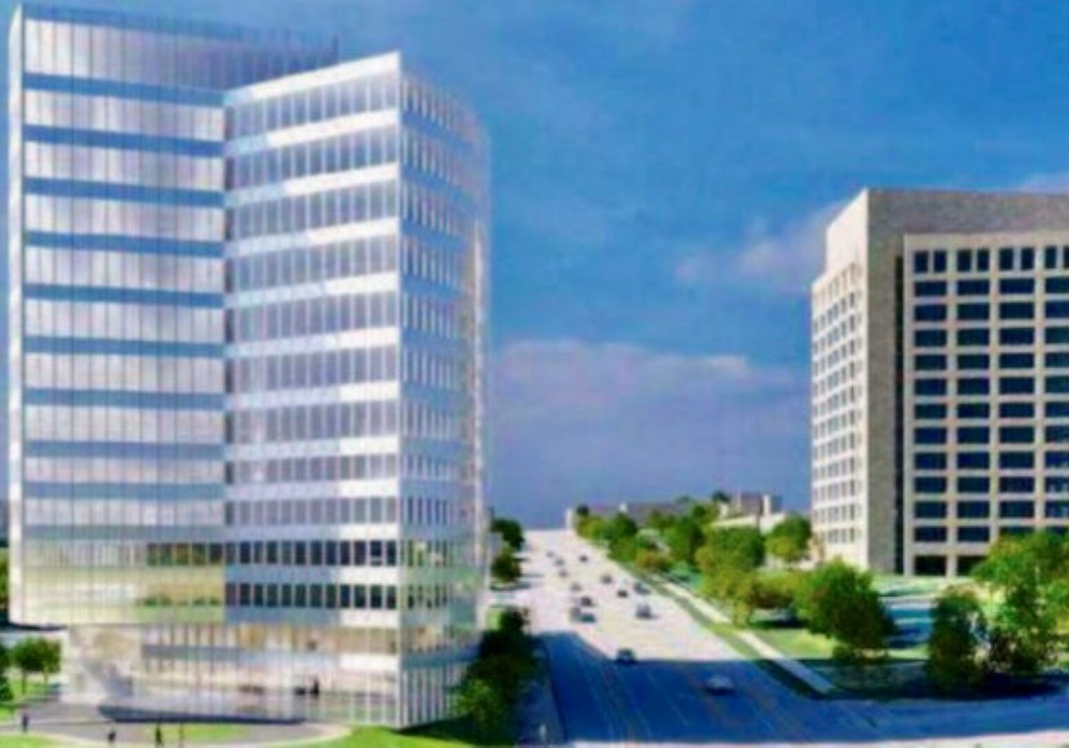 A preliminary rendering of a proposed office tower at 27th and Main.